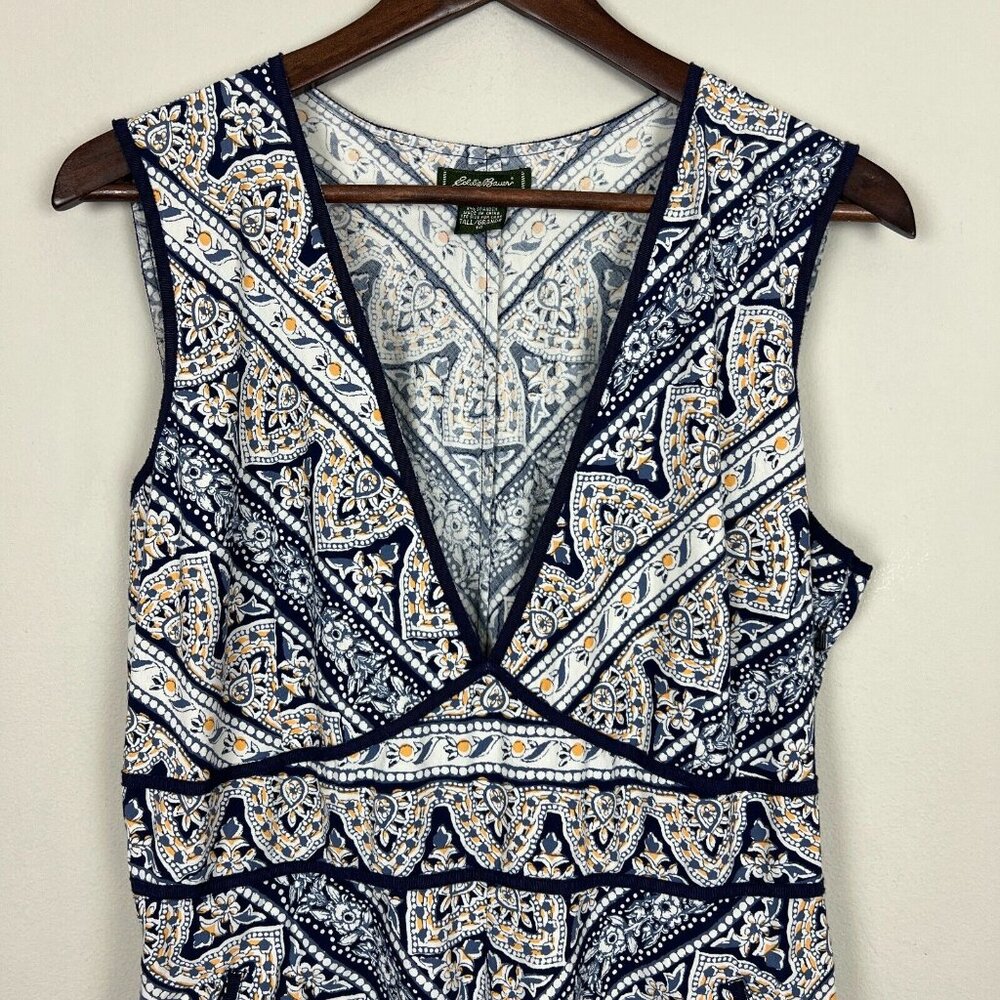 Eddie Bauer Midi Dress Womens 14 Blue Yellow Bandana Floral Print Cotton Stretch - Picture 4 of 14